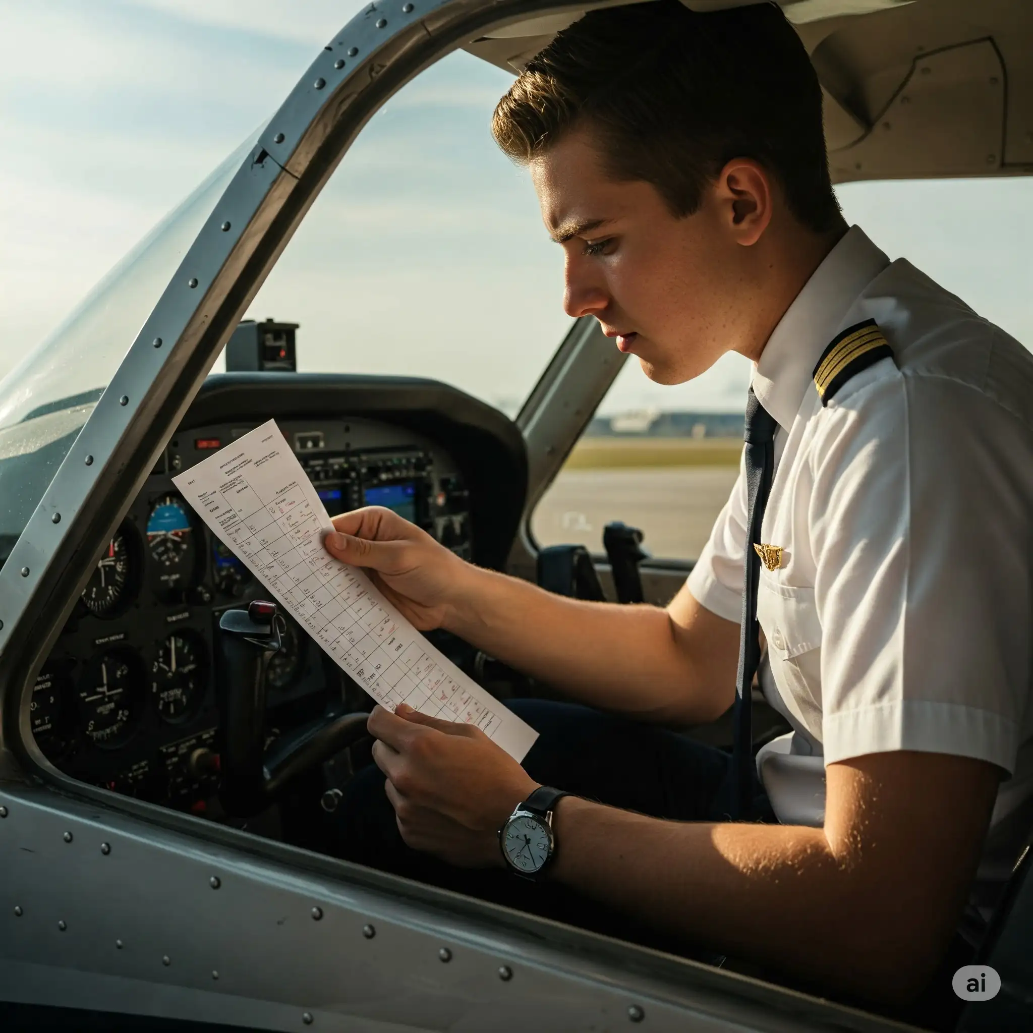 Student pilot performing pre-flight inspection checklist during flight training at Hampton Georgia