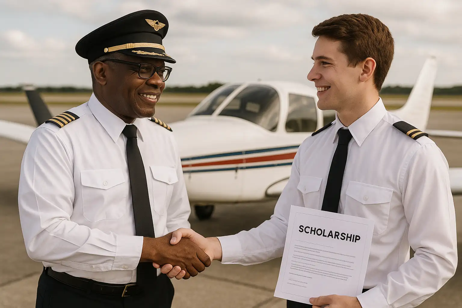 Flight instructor shaking hands with scholarship student at Speedway Flight Training with aircraft in background